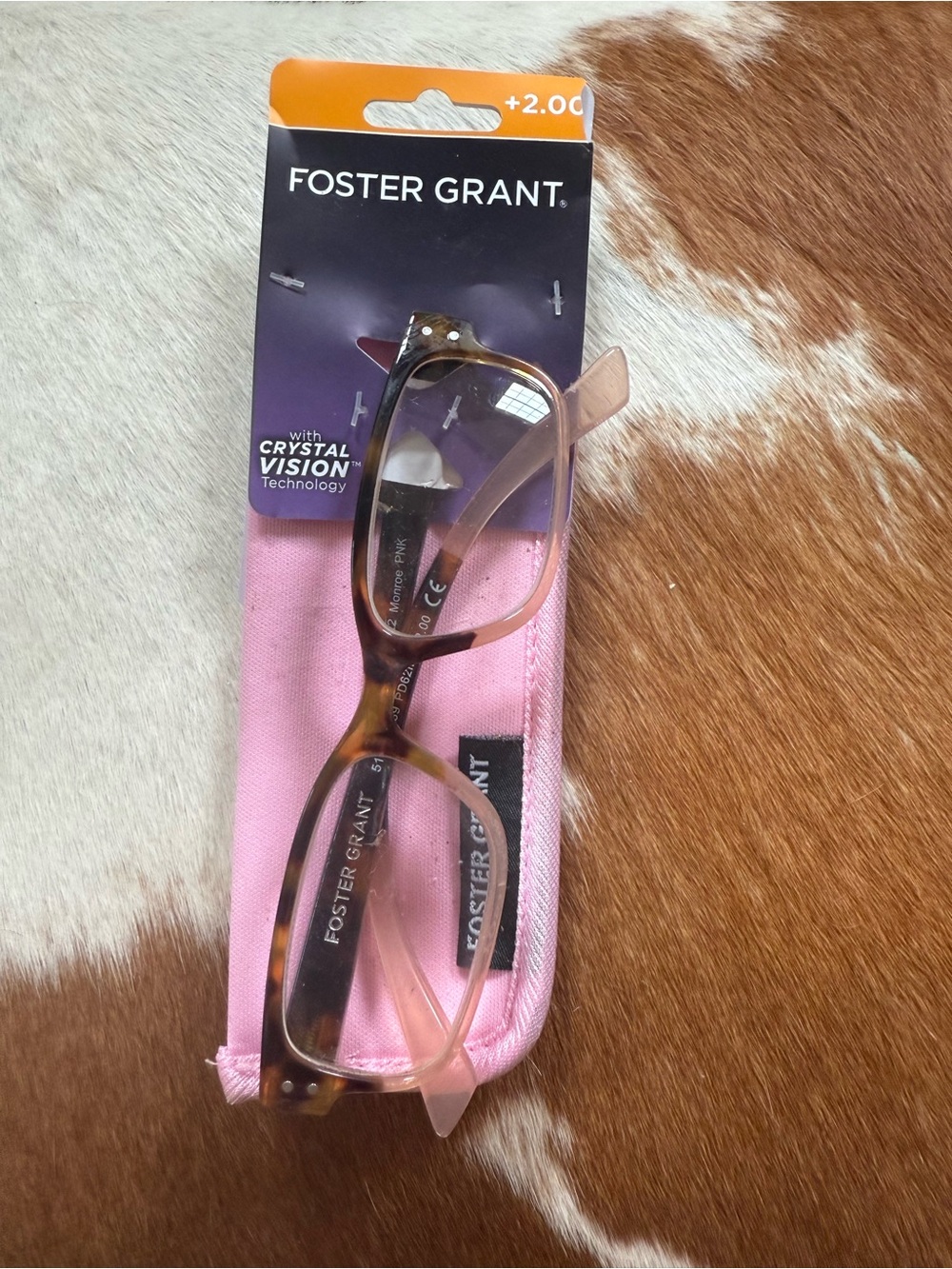 Foster Grant Pink and Brown Tortoise Reading Glasses +2.00 with pink case